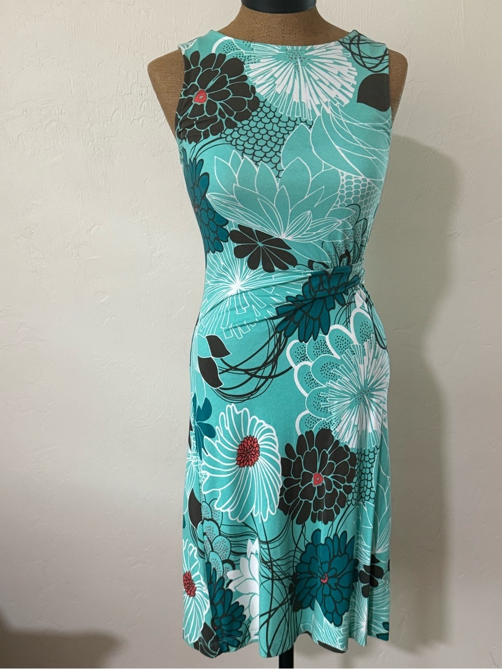 Tommy Bahama tropical side gathered sleeveless dress teal floral XS​